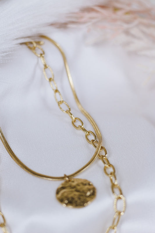 Hammered Gold 1" Circle with Layered Chain 16"-18" Necklace