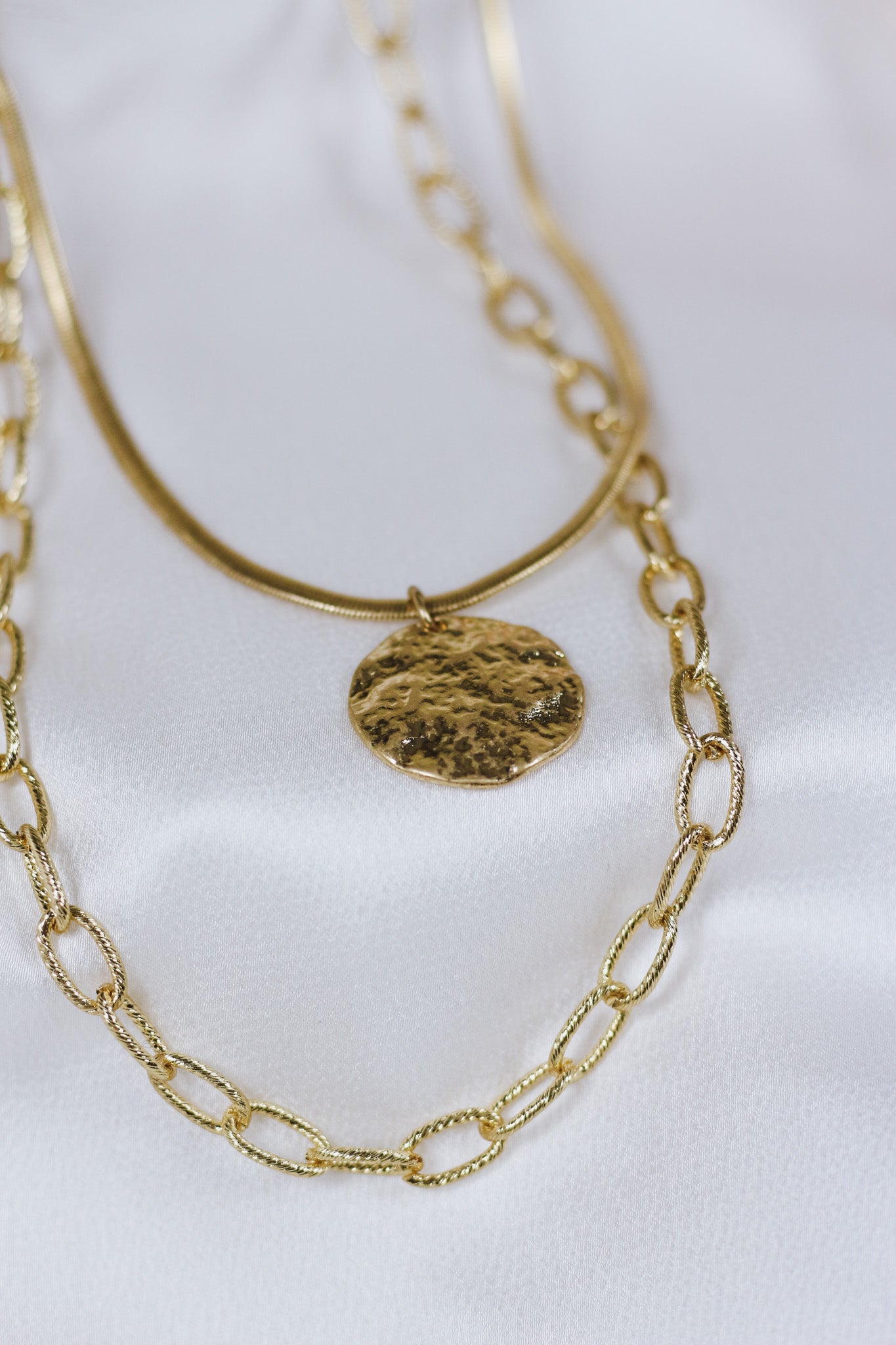 Hammered Gold 1" Circle with Layered Chain 16"-18" Necklace