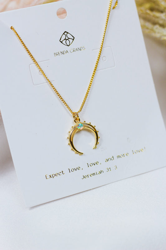 Gold Opal Moon Necklace - Water Resistant
