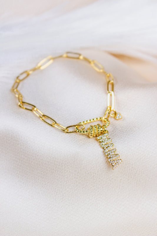 Gold Mama Rhinestone Chain Linked Bracelet