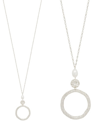 Worn Silver Open Circle with Pearl Drop 36" Necklace