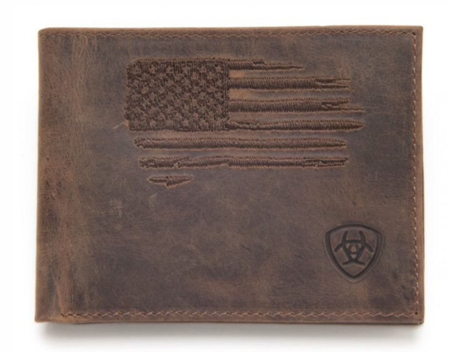Ariat Bifold Style Distressed USA Flag Ariat Shield Logo Mens Wallet