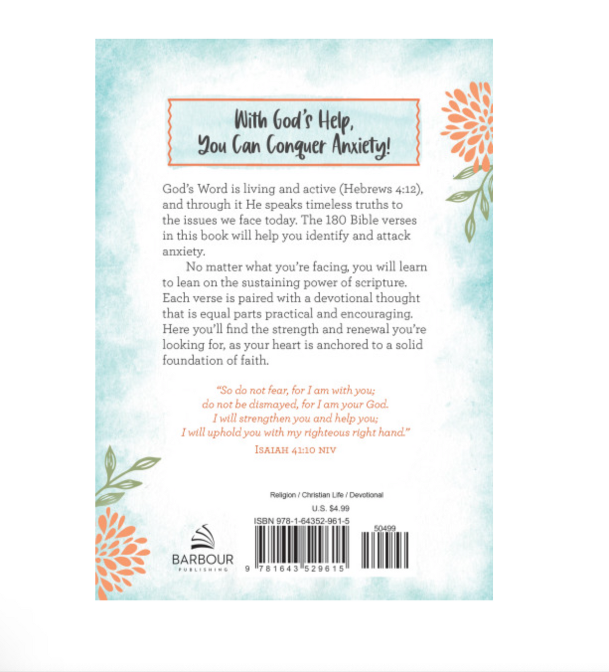 Conquering Anxiety Bible verses devotional, back cover with description