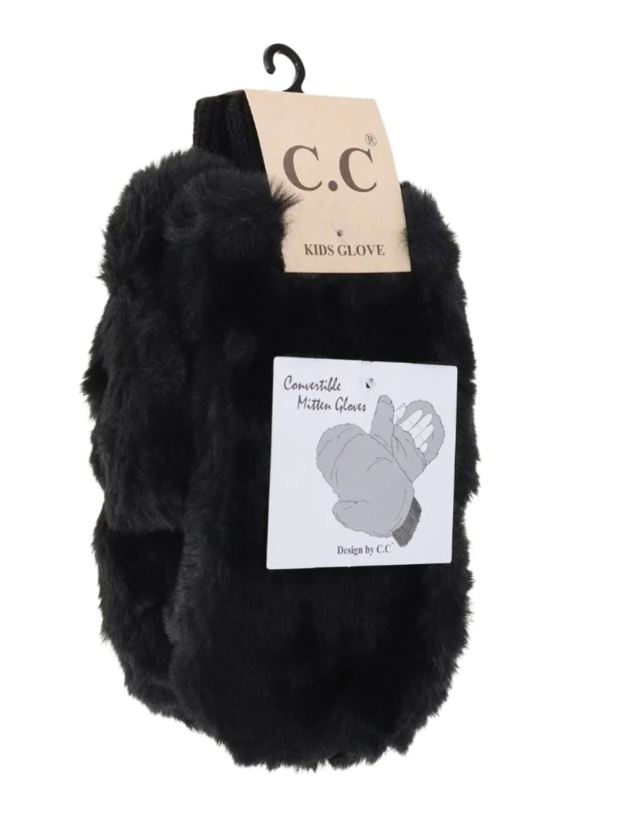 Kids Black Fur CC Mittens