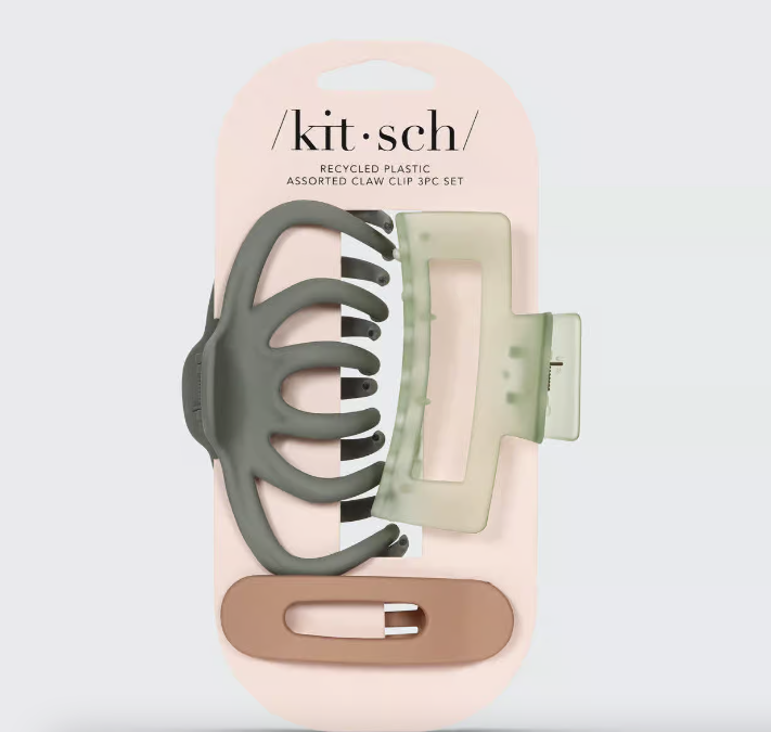 Kitsch Recycled Plastic Assorted Claw Clip 3pc Set with octopus clip, shown in the package