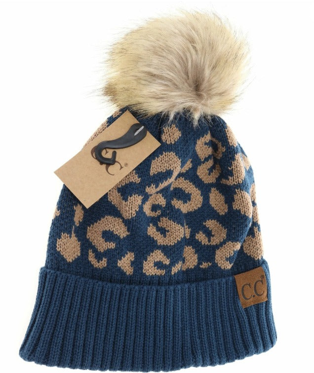 Leopard Pattern Fur Pom Beanie Prussian Blue