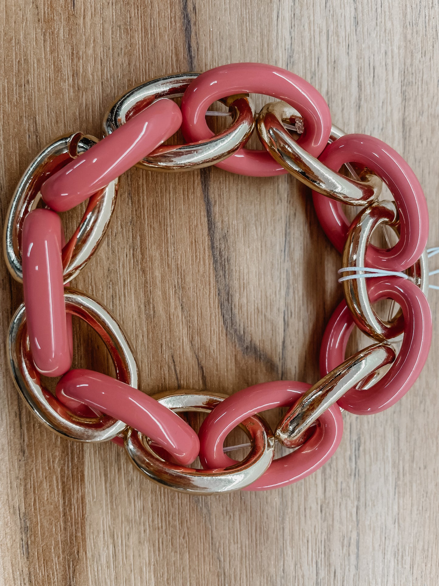 Gold and Pink Color Coated Metal Link 7.5" Stretch Bracelet