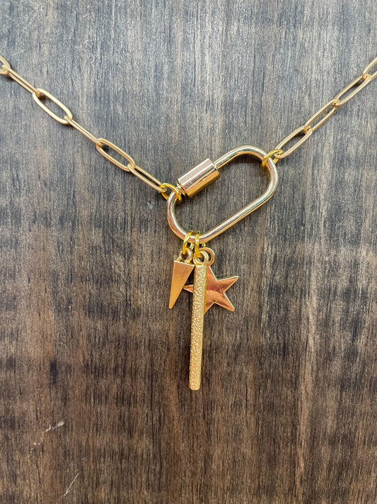 Bar Star And Triangle Pendents Gold Necklace
