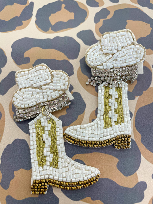 Beaded White and Rhinestone Boot 2.5" Earring