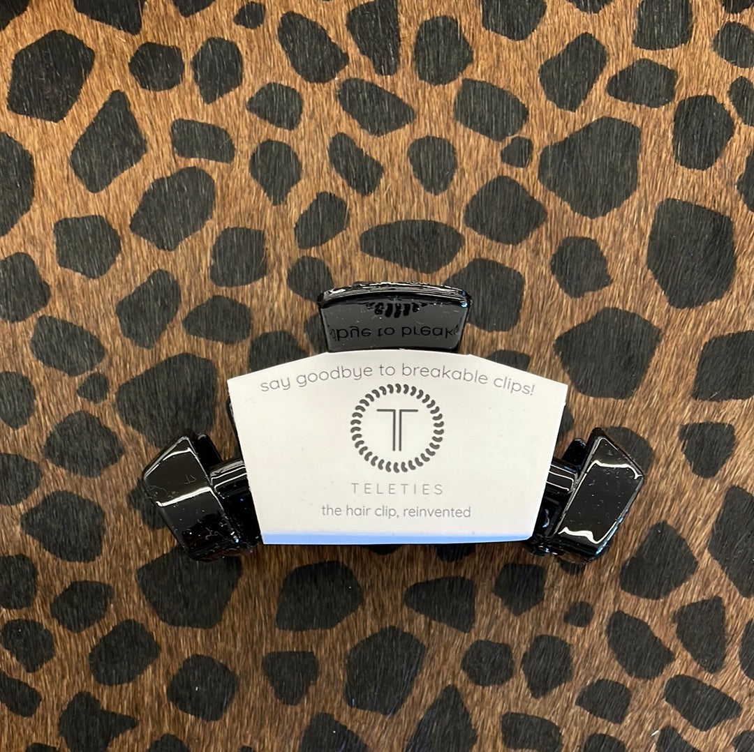 TELETIES Black Nonbreakable Claw Clip with logo card, wider view on leopard print