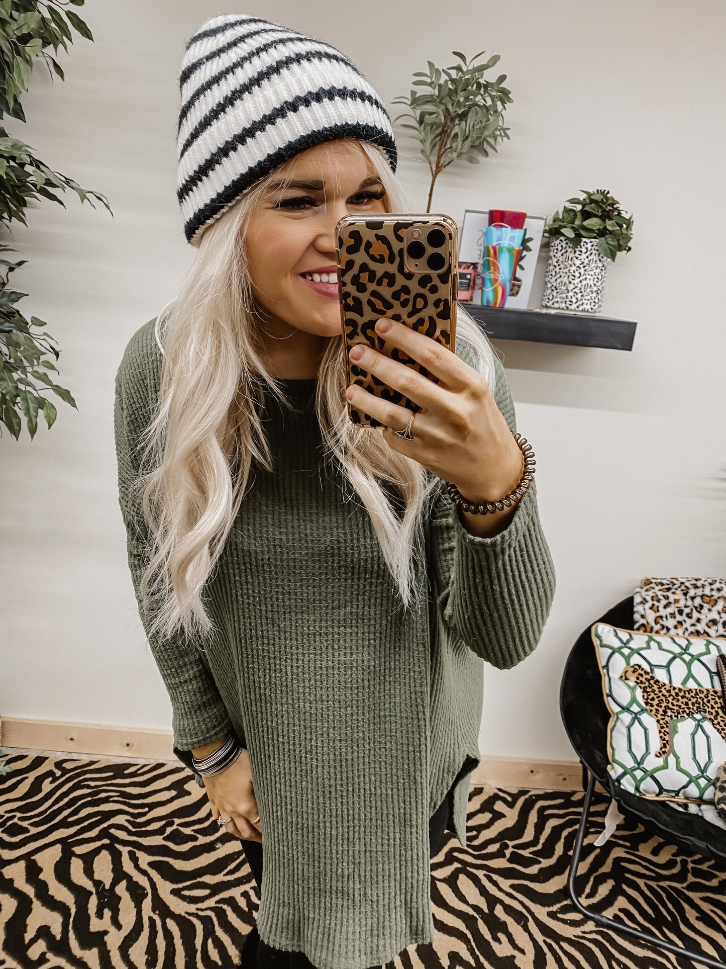 White and Black Striped Beanie