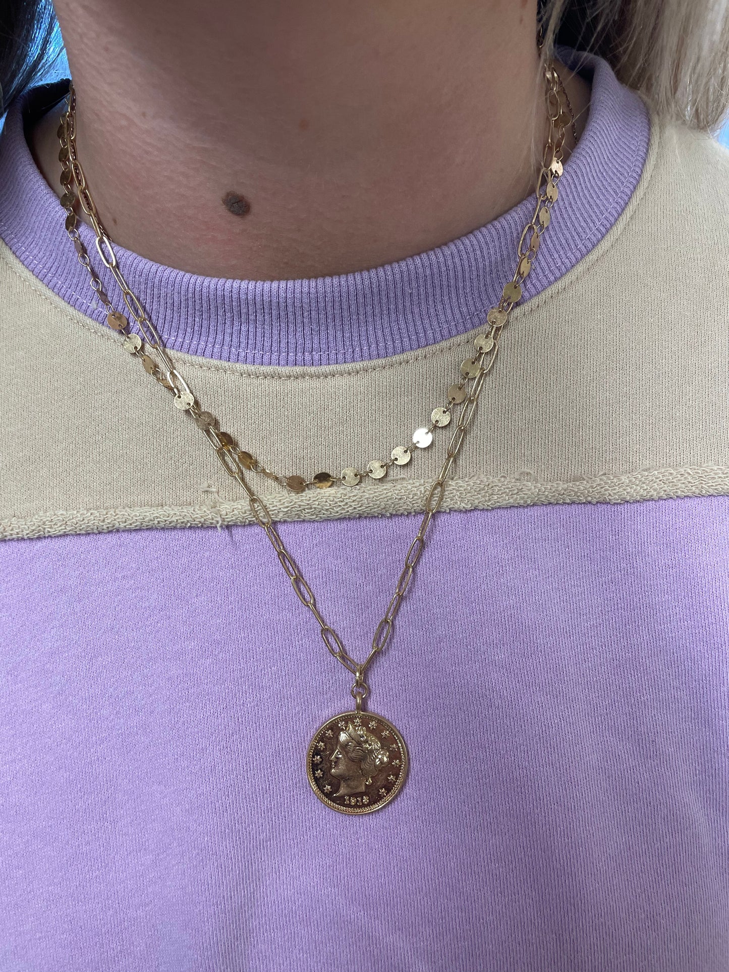 Gold Chain and Coin Layered 17"-19" Necklace