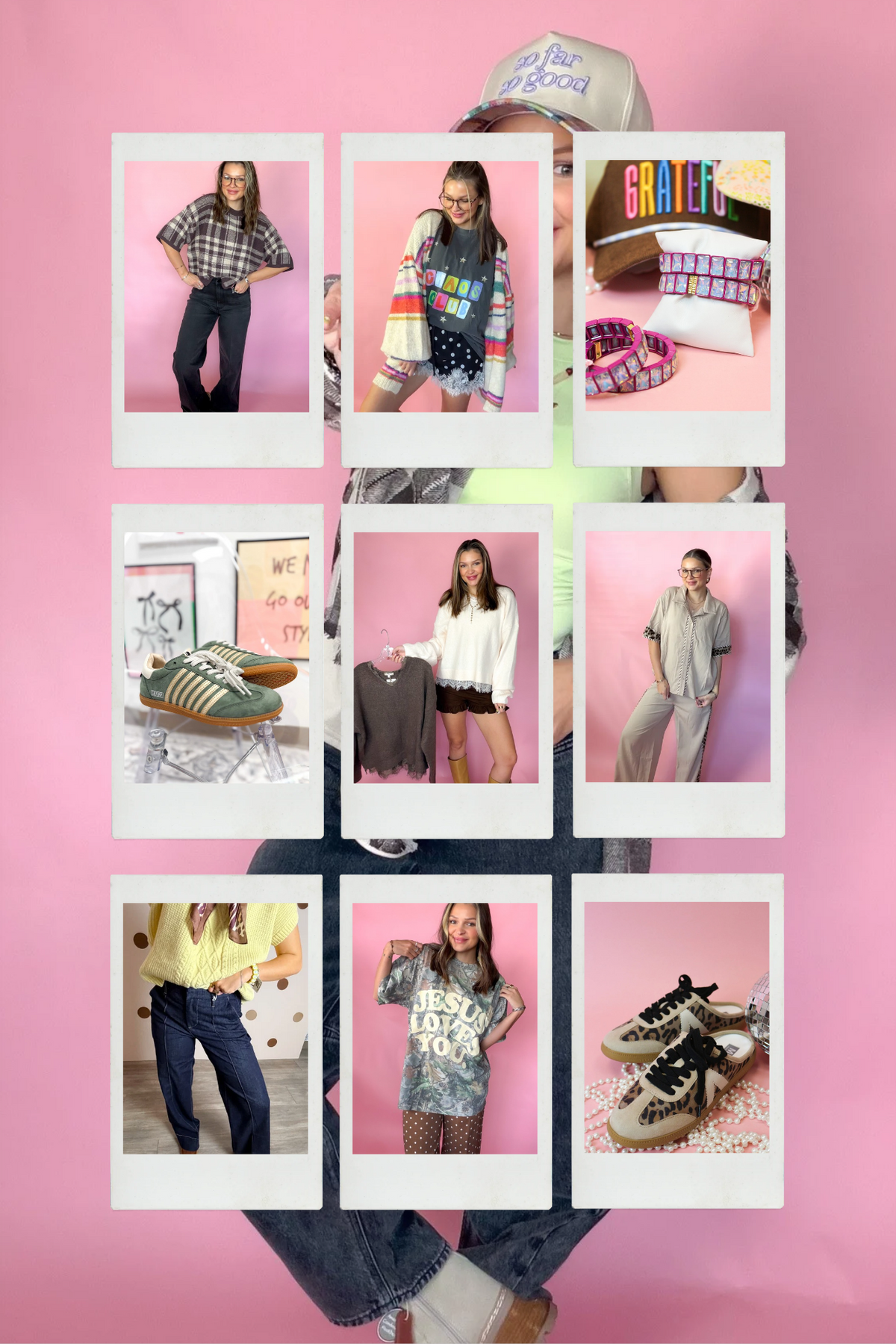 Wear now outfits collage: plaid sweater, graphic tee, leopard pant set, suede sneakers, and stacked jewel bracelets