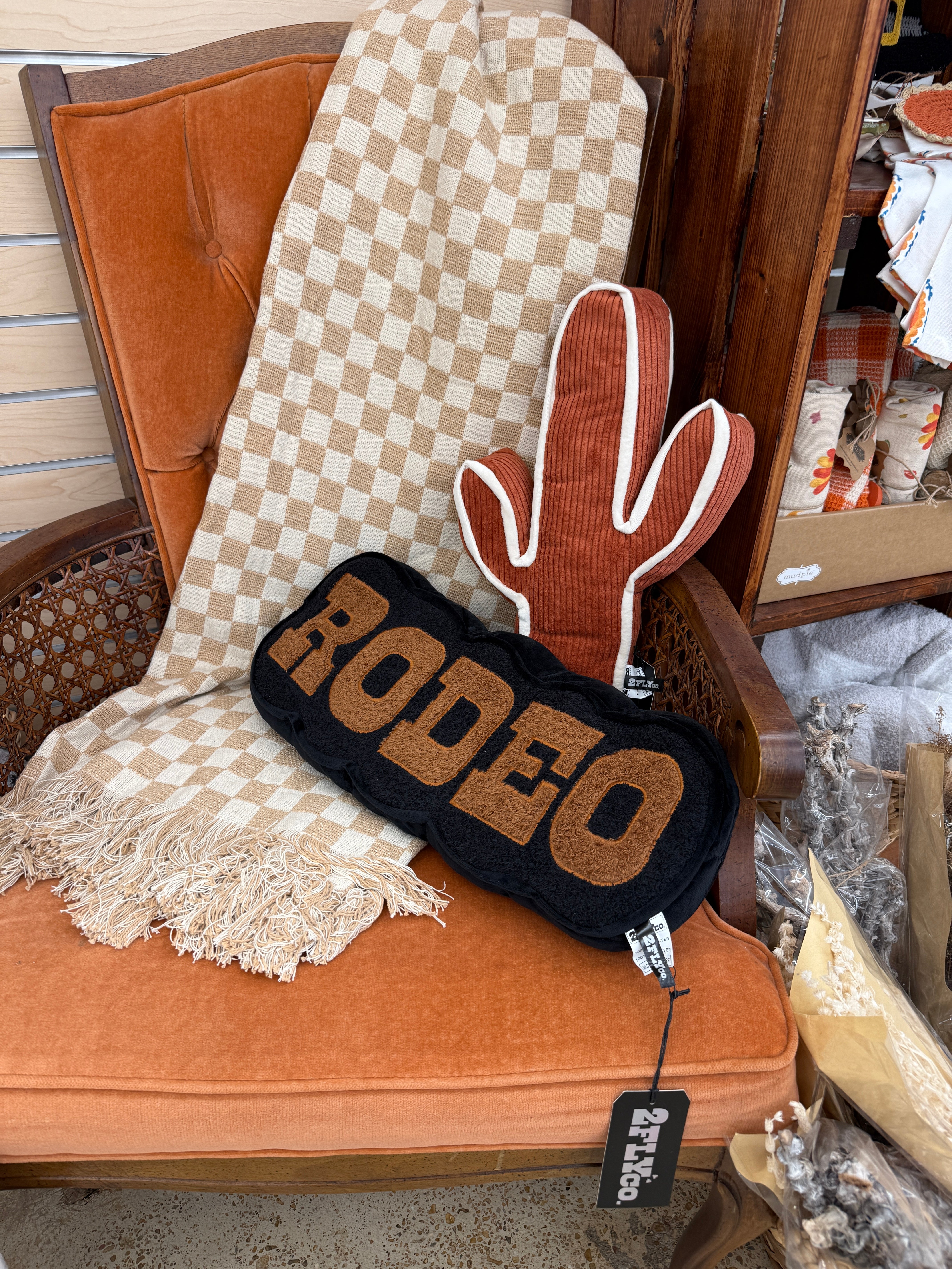 2 Fly Co brown cactus pillow on an orange chair with Rodeo pillow and throw
