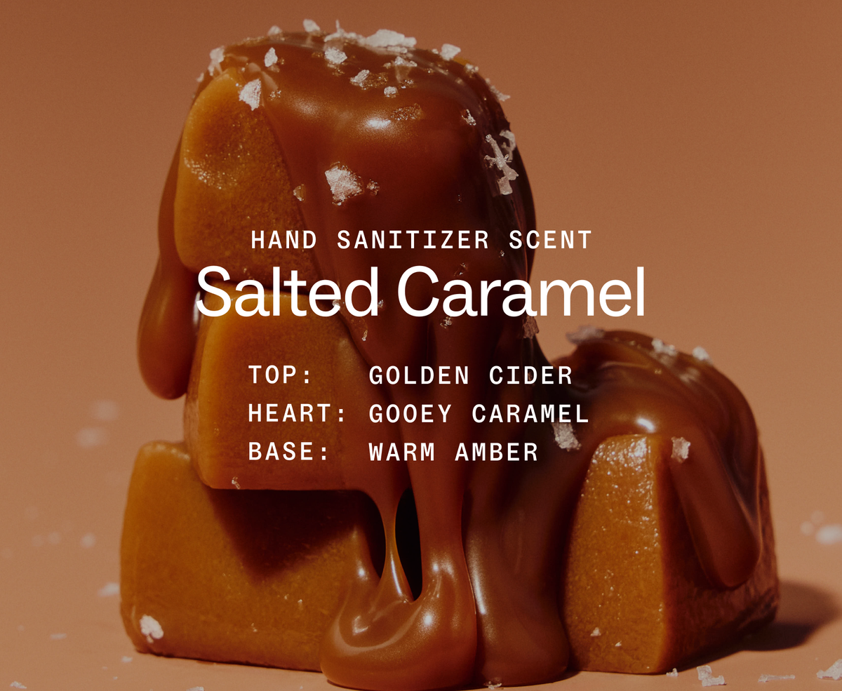Touchland Salted Caramel scent notes: golden cider, gooey caramel, warm amber