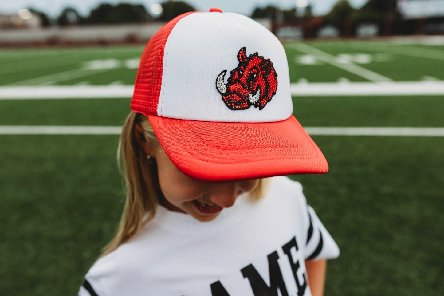 Kids Youth Razorback Rhinestone Red Trucker Hat