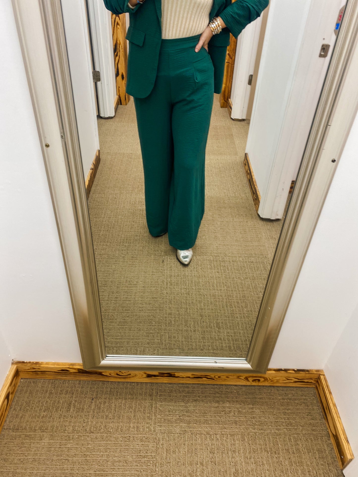 Business Women Pleated Dress Pants Black and Emerald Green