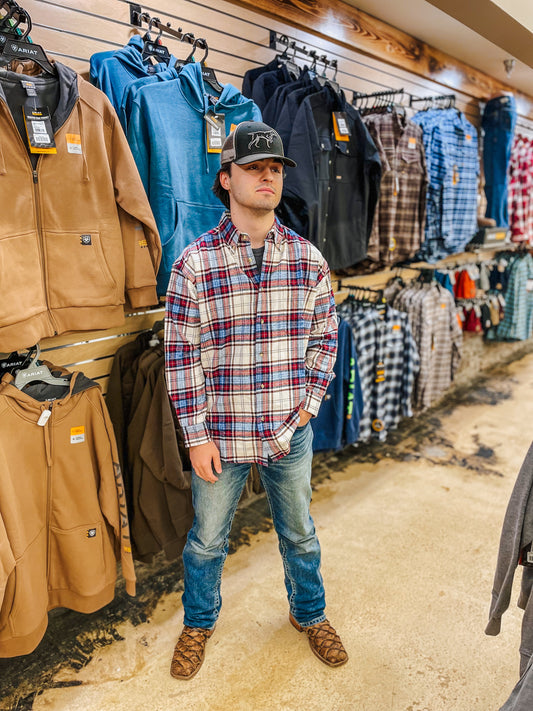 Men's Wine & Tan Plaid Long Sleeve Button Up Shirt