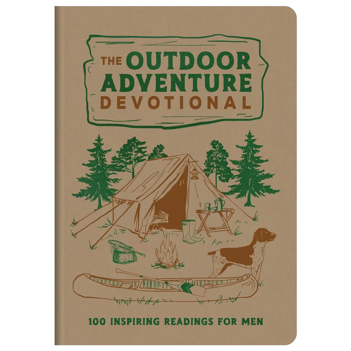 The Outdoor Adventure Devotional for men, brown front cover with campsite art