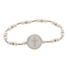 Chosen Tap To Pray bracelet with white pearl-like beads, gold-tone accents and a round cross centerpiece.