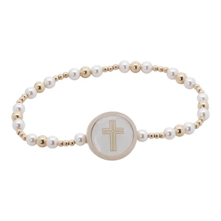 Chosen Tap To Pray bracelet with white pearl-like beads, gold-tone accents and a round cross centerpiece.