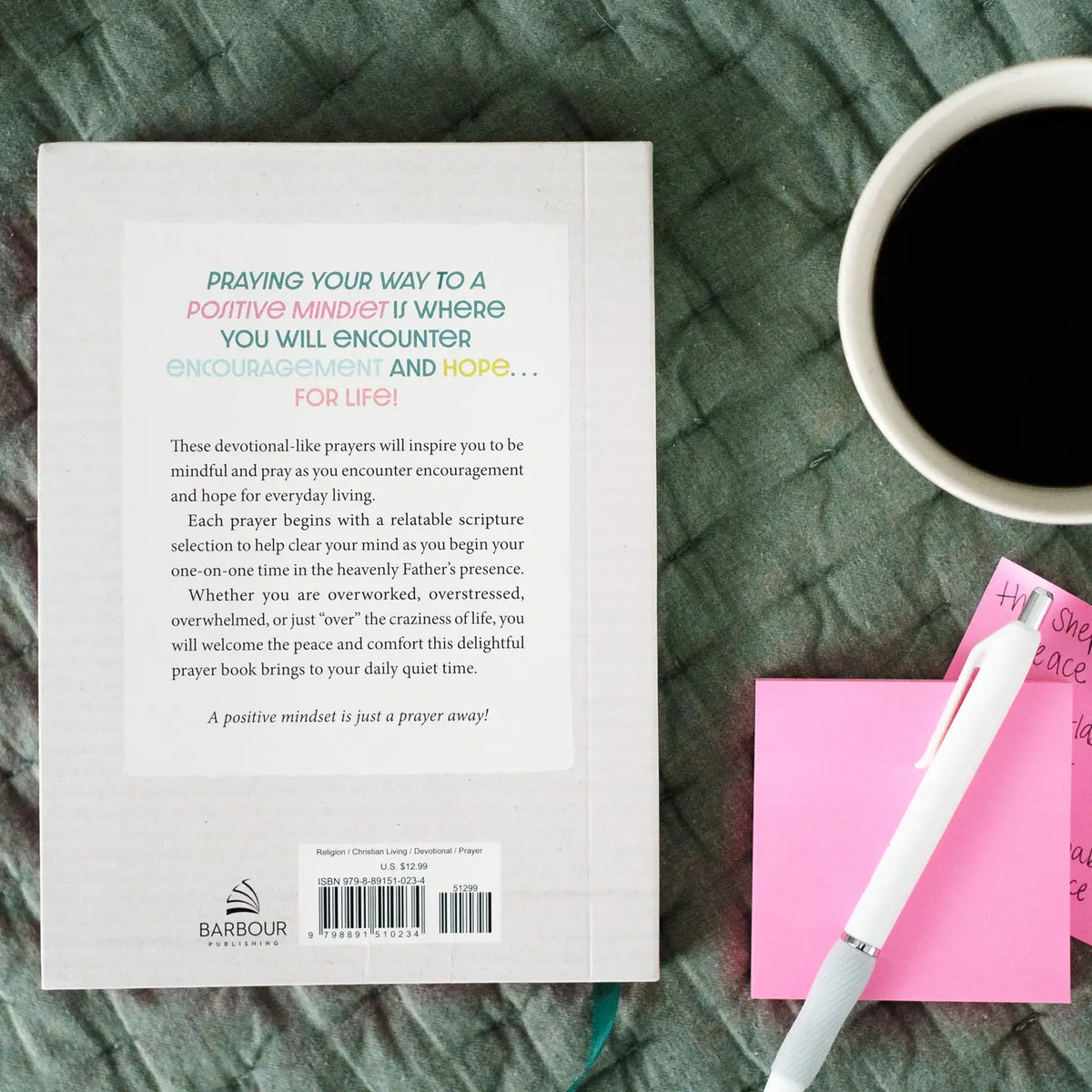 Praying Your Way to a Positive Mindset journal, back cover with pen and sticky notes