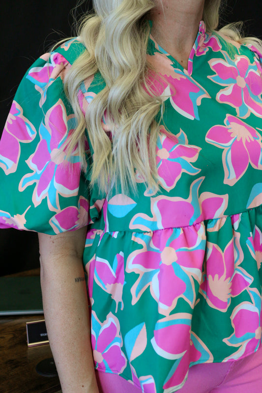 Confident In Bloom Green & Fuchsia Floral Blouse