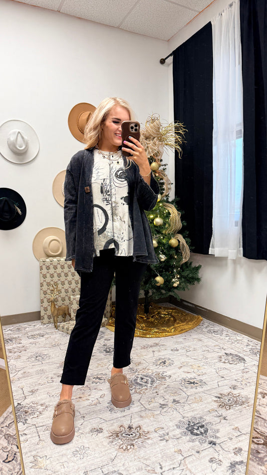 Jess & Jane Black Mineral Washed Fleece Cardigan