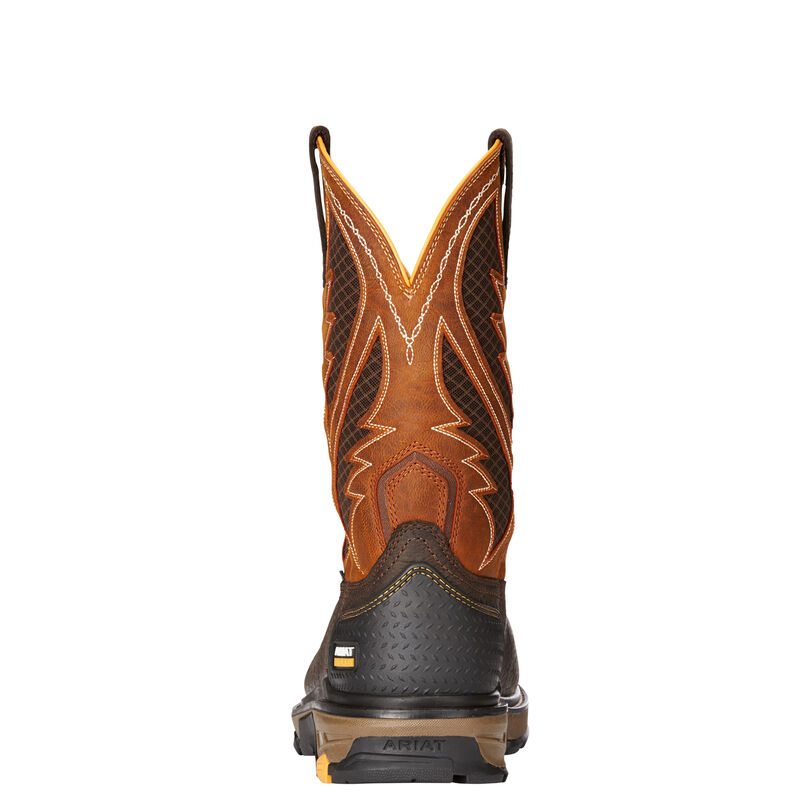 men's Ariat orange and dark brown work boot -back profile