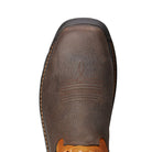 men's Ariat orange and dark brown work boot -close up of the toe