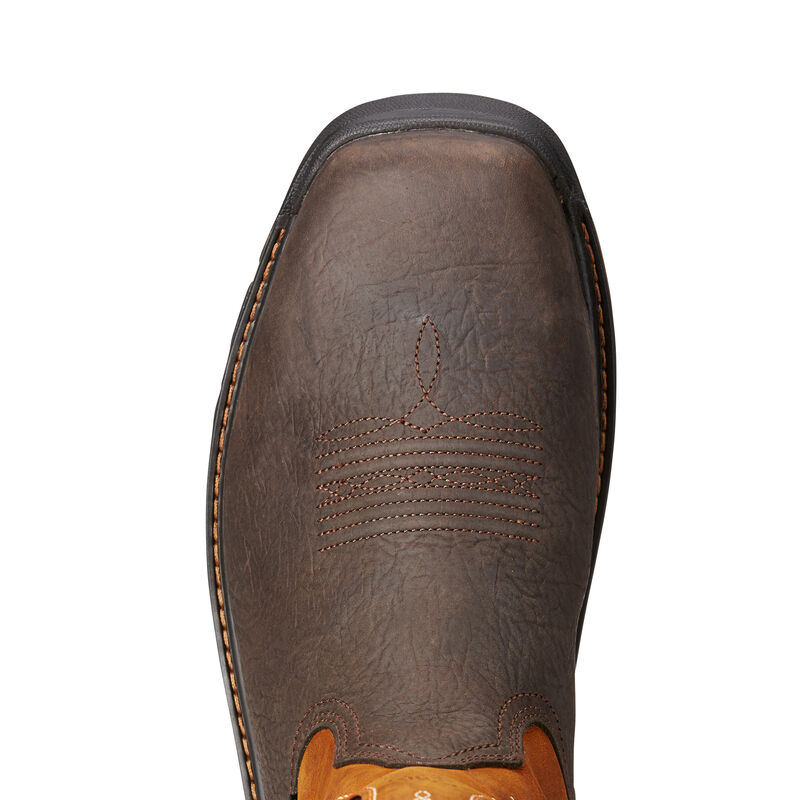 men's Ariat orange and dark brown work boot -close up of the toe
