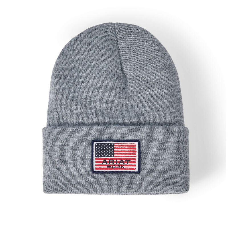 Ariat Heather Grey Rebar American Flag Patch Beanie