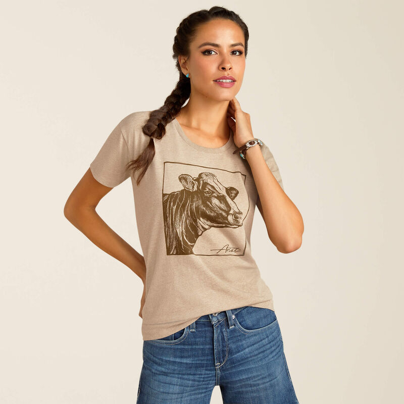 Womens Ariat Cow Cover T-Shirt- Oatmeal