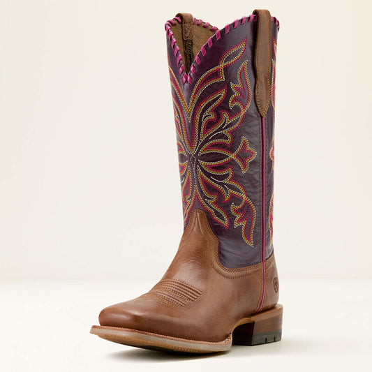 Ariat Women's Showdown Western Broad Square Toe Boot - Dark Tan / Purple