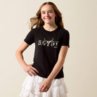Ariat girls' Rowdy cow skull tee in black, front view on a model