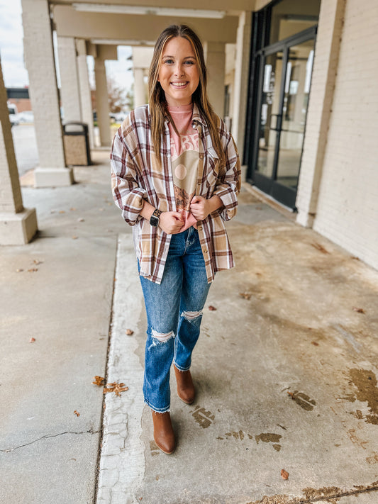 Flannel Fun Taupe Pink Plaid Top