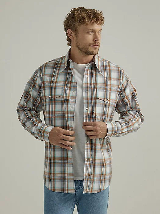 Men's Wrinkle Resist Long Sleeve Western Snap Plaid Shirt in Glazed Ginger