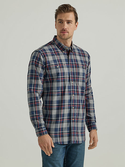 Wrangler Rugged Wear Long Sleeve Plaid Button Down Shirt- Navy Grey Plaid