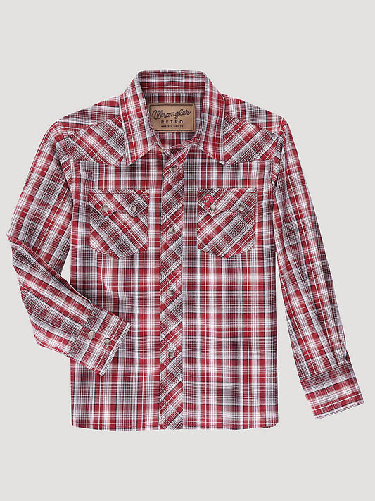 Boy's Wrangler Retro Snap Plaid Shirt- Red Grey Plaid