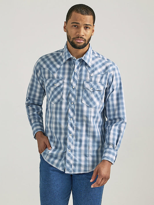 Wrangler Men's Long Sleeve Fashion Western Snap Shirt- Baby Blue Plaid