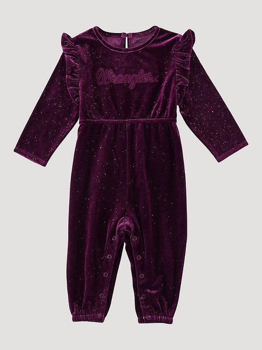 Baby Girl's Long Sleeve Velvet Logo Playsuit in Dark Purple