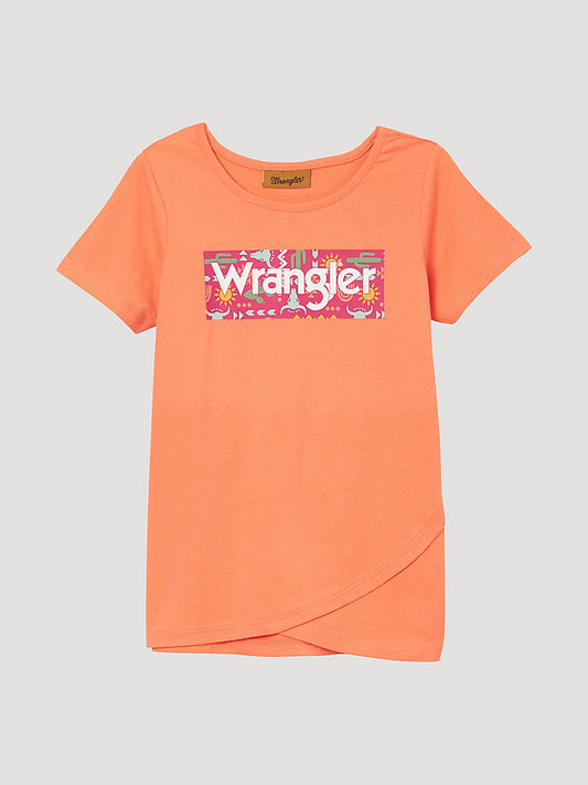 Wrangler Girl's Western Graphic Tulip Hem Top- Orange