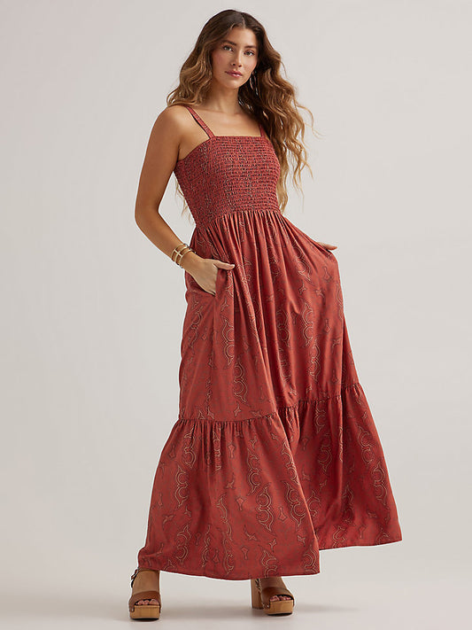 Women's Smocked Bodice Maxi Dress- Rust