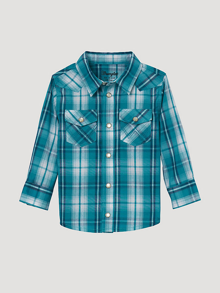Little Boys Long Sleeve Snap Front Plaid Western Shirt- Tealy