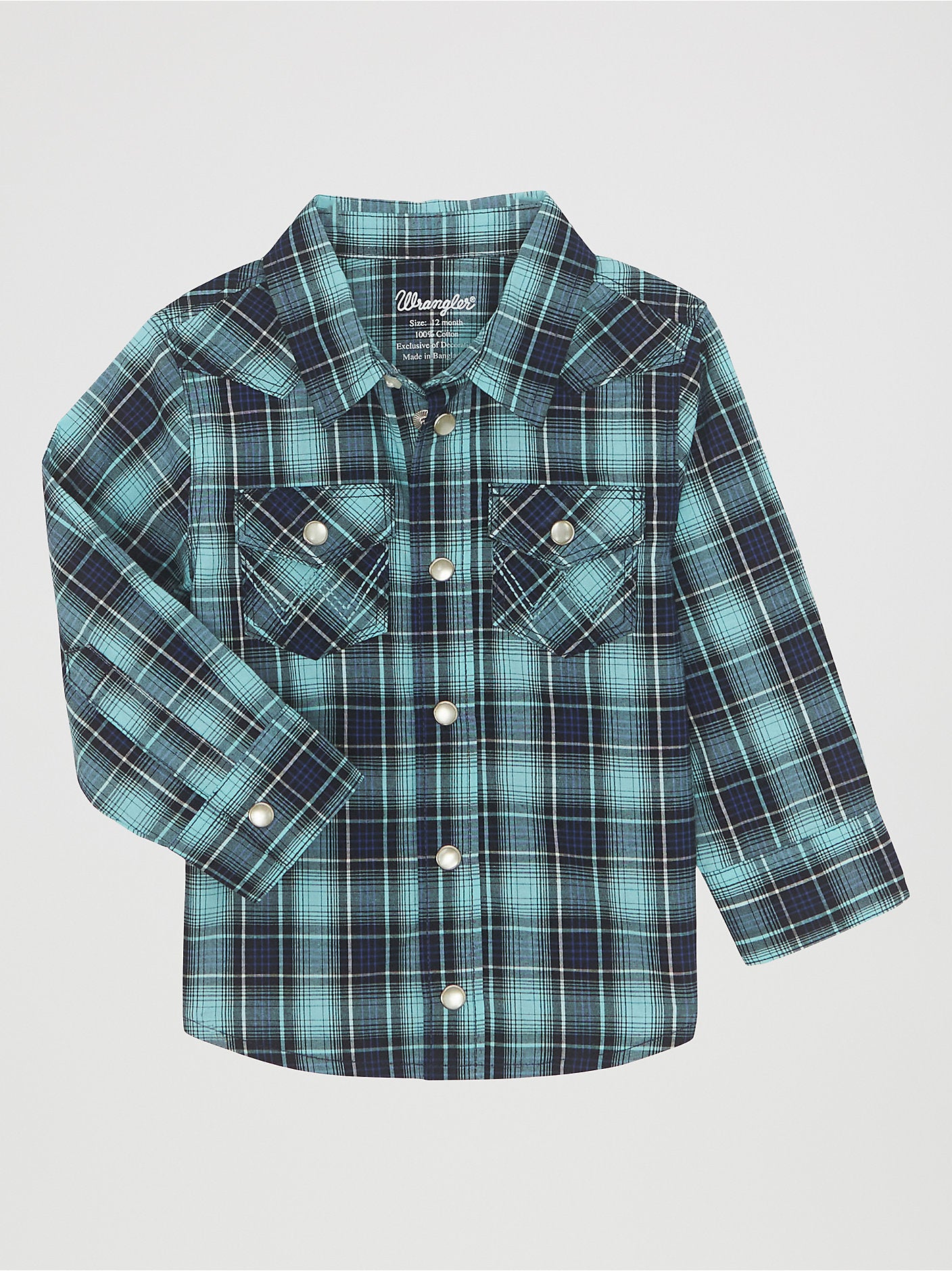 Wrangler Little Boy Long Sleeve Snap Front Plaid Western Shirt- Teal Dream