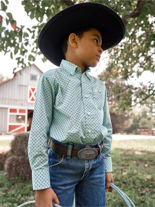 Boy's Classic Button Down Printed Shirt- Turquoise