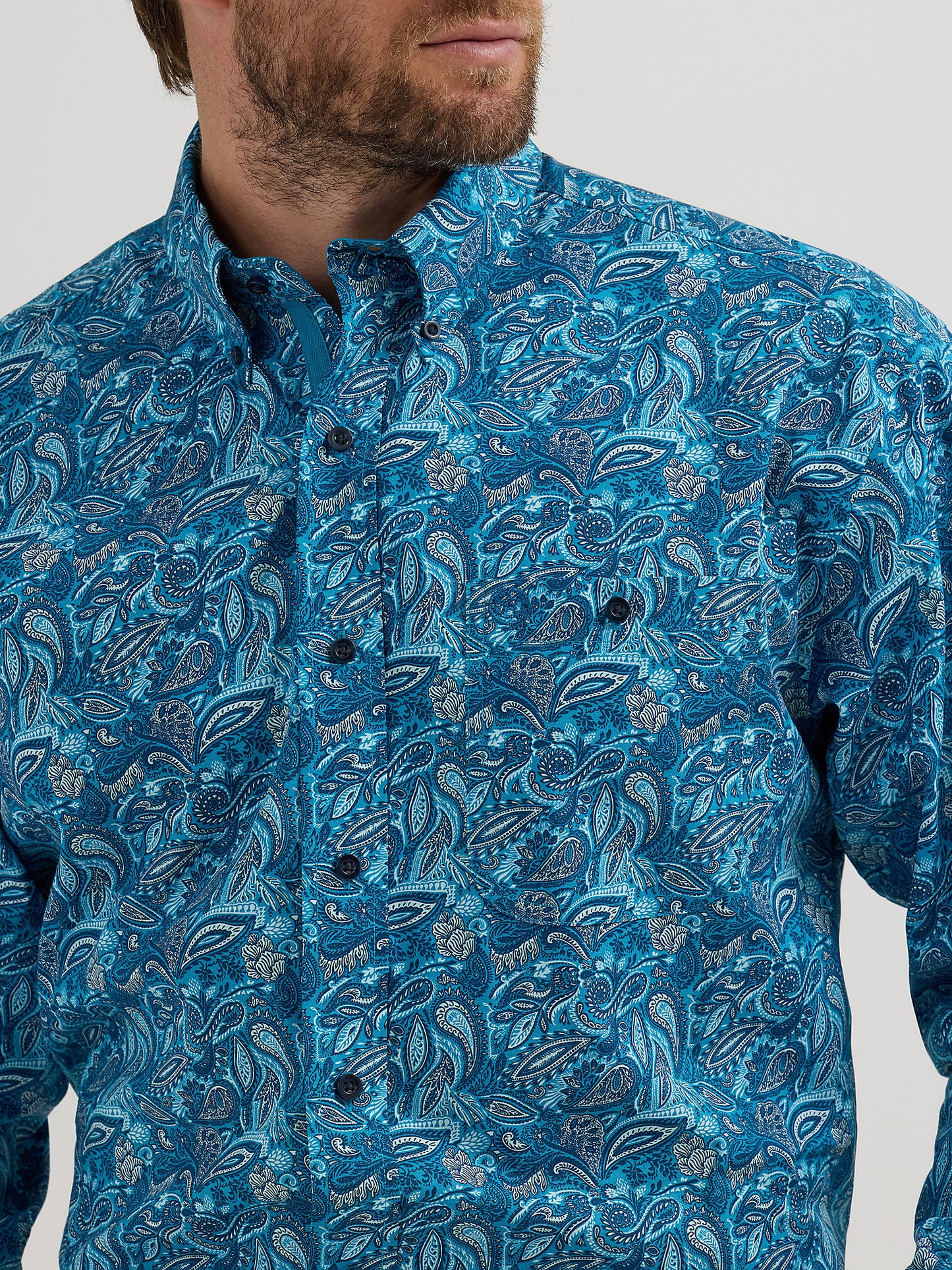 Wrangler Men's George Strait Long Sleeve Button Down Shirt- Teal Bold Paisley