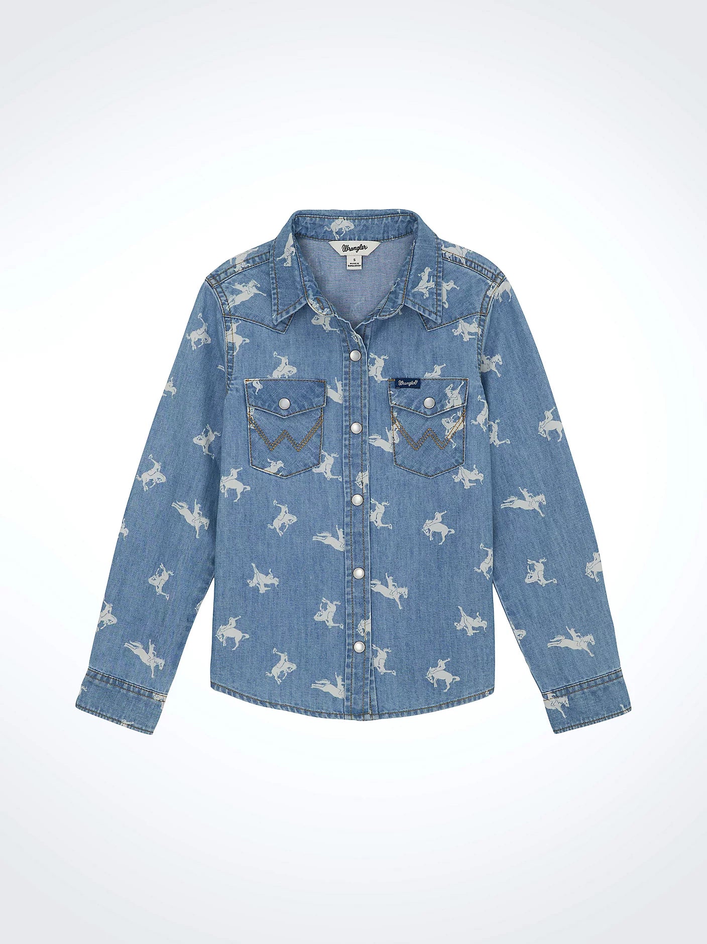 Wrangler Girl's Dark Wash Printed Denim Western Snap Shirt