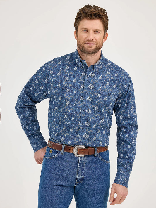 Wrangler George Strait Navy Blue Paisley Long Sleeve Button Down Two Pocket Shirt