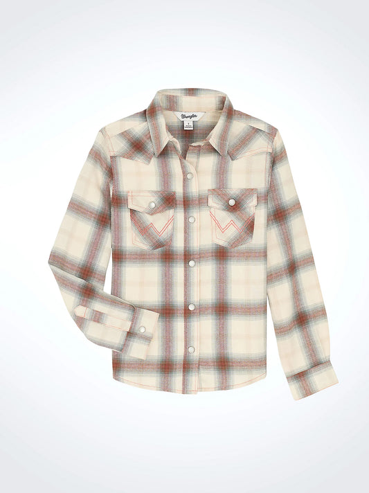 Girl's Wrangler Cream Flannel Plaid Western Snap Shirt